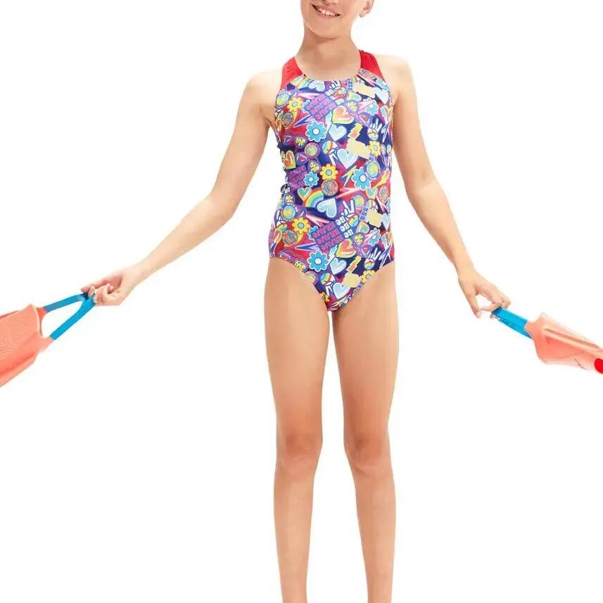 Speedo Girl's Digital Allover Splashback Swimsuit - Navy/ Red
