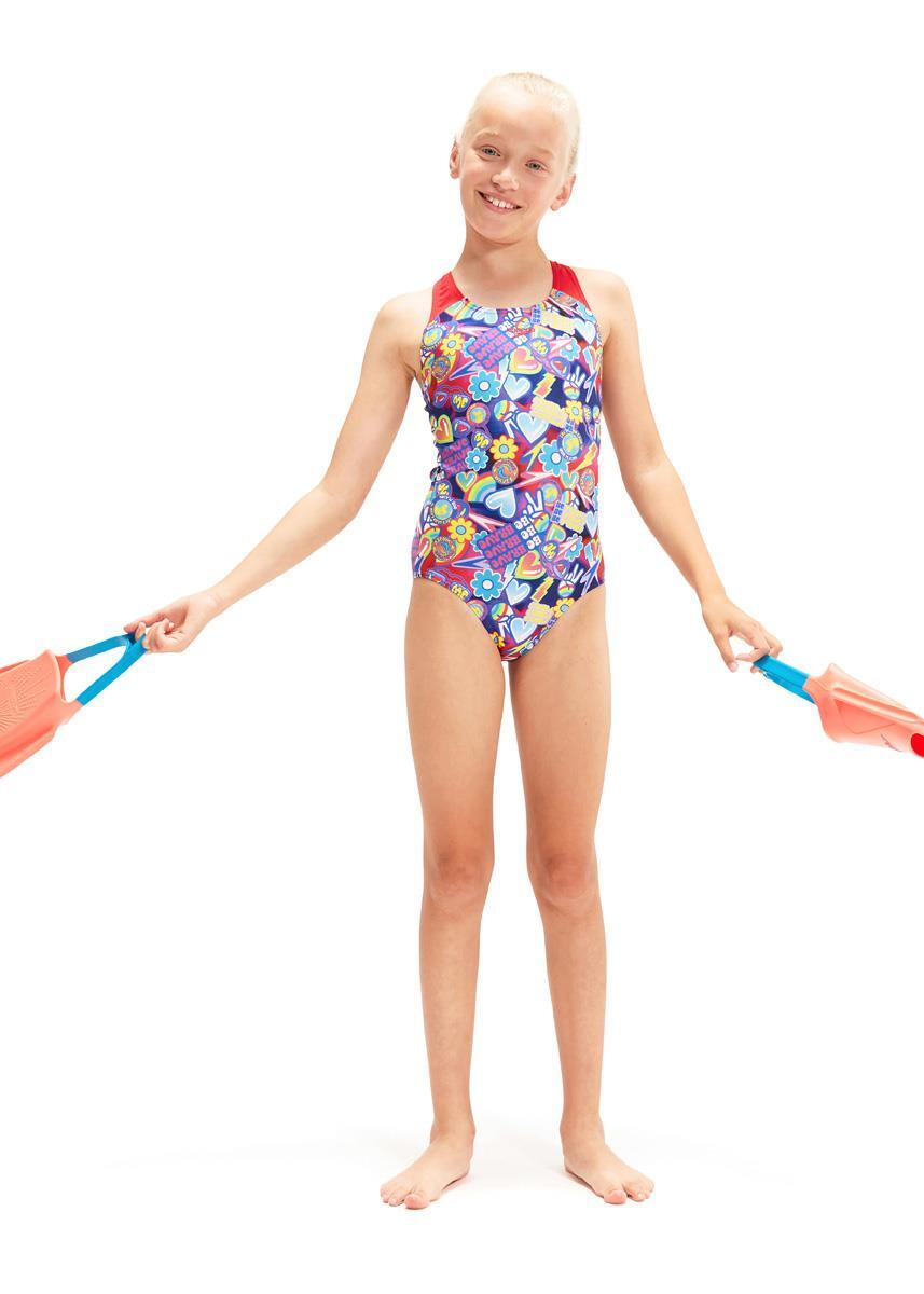 SPEEDO Speedo Girl's Digital Allover Splashback Swimsuit - Navy/ Red