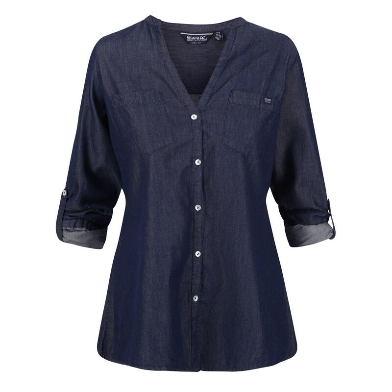 Camisa Malaya Apariencia Denim de Manga Larga para Mujer Chambray