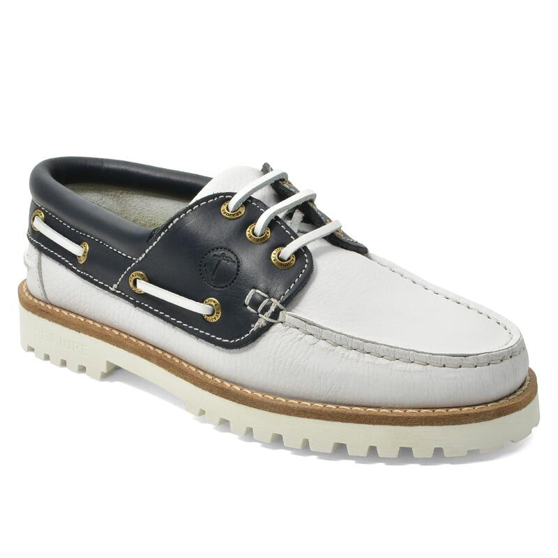 Chaussures Bateau Zagare Femme Blanc et Bleu Marine Cuir