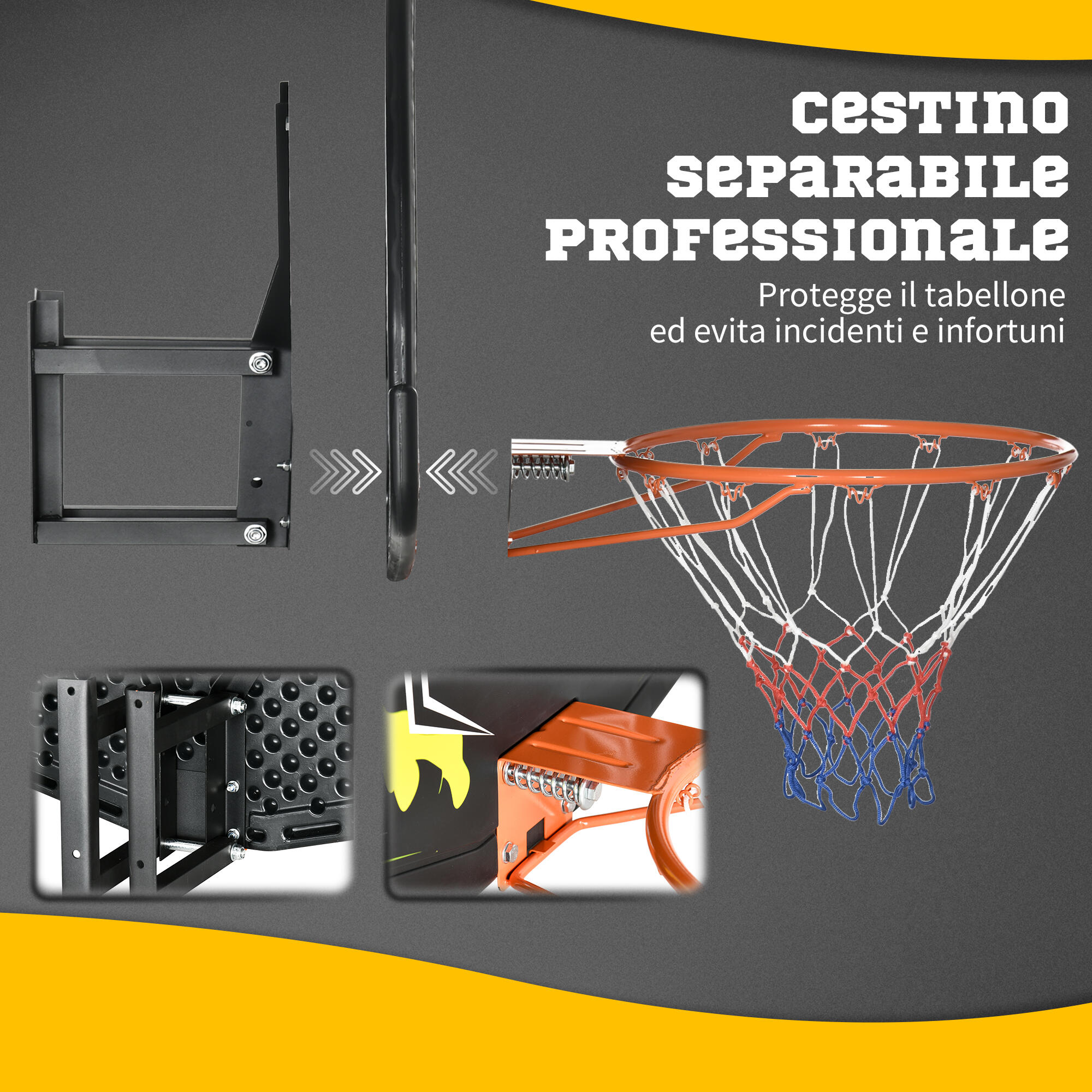 SPORTNOW Canestro Basket da Indoor e Outdoor, 110x90x70 cm, Nero e Giallo 6/7