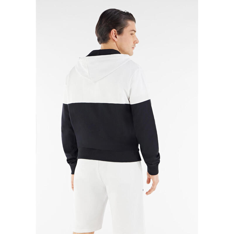 Felpa bicolore con stampa verticale, cappuccio e zip