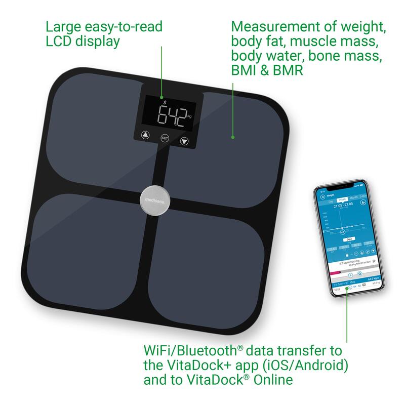 Báscula análisis corporal|W-LAN o Bluetooth-App de análisis corporal VitaDock+