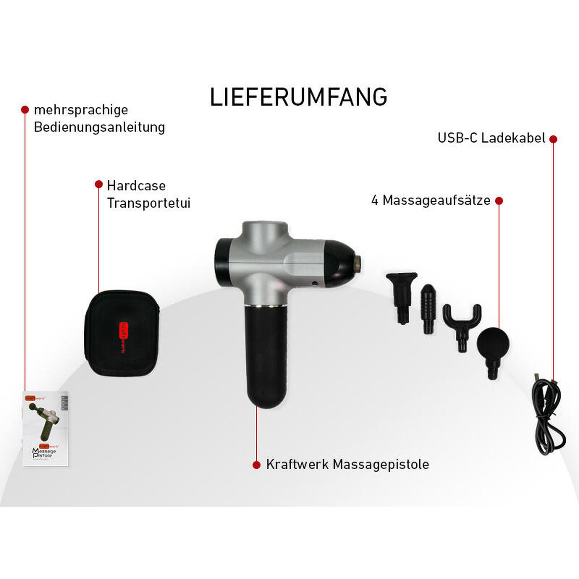 Pistola de massagem Kraftwerk - 6 níveis, 4 cabeças de massagem