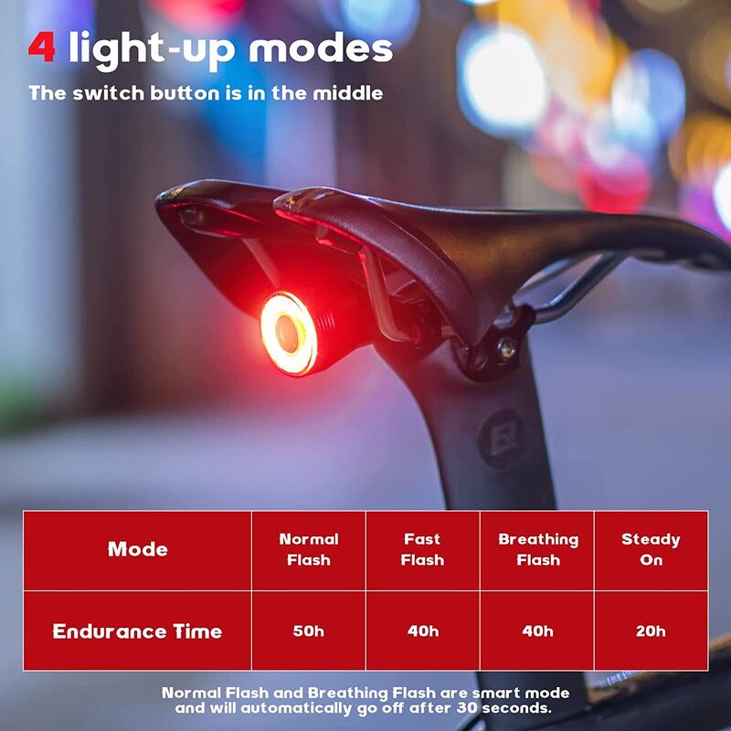 Feu Arrière Vélo Intelligent Rechargeble 60 Lumens 4 Modes IP65 Support Double