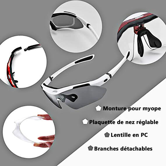 Lunettes de VTT Polarisées Lunette de Vélo avec 5 Verres Interchangeable Blanc