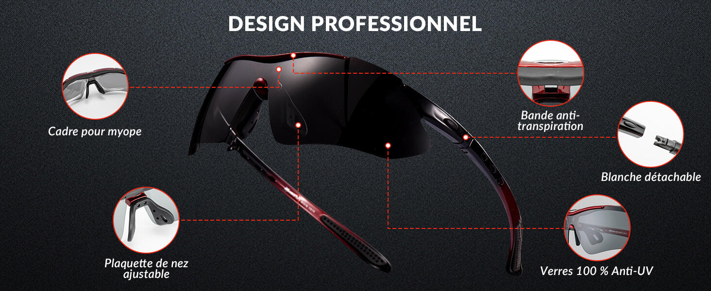 Lunettes de VTT Polarisées Lunette de Vélo avec 5 Verres Interchangeable Rouge 3/8