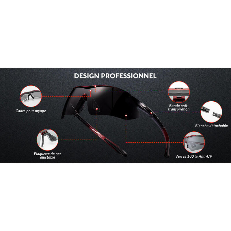 Lunettes de VTT Polarisées Lunette de Vélo avec 5 Verres Interchangeable Rouge