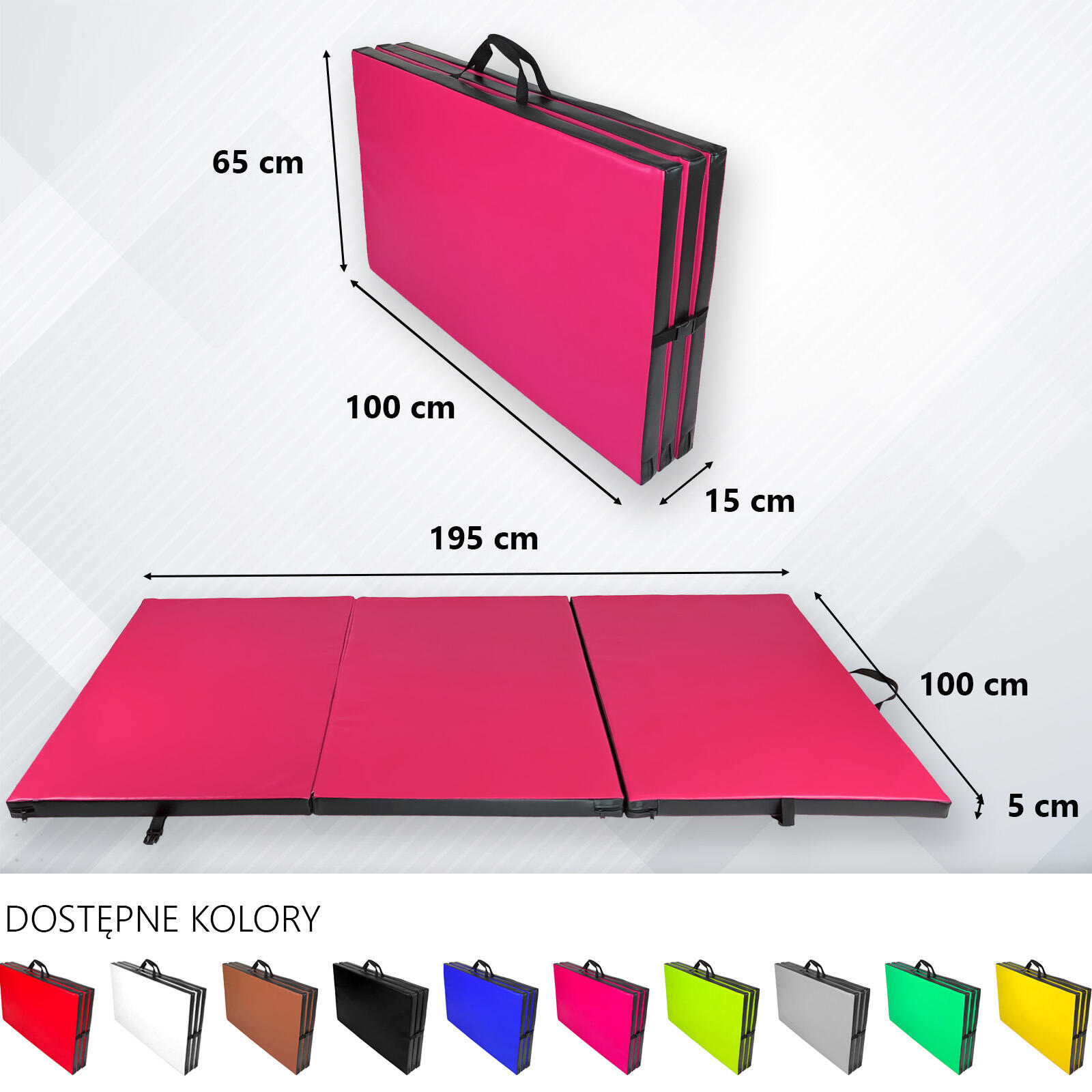Materac gimnastyczny składany UNDERFIT 195 x 100 x 5 cm miękki różowy 5/6