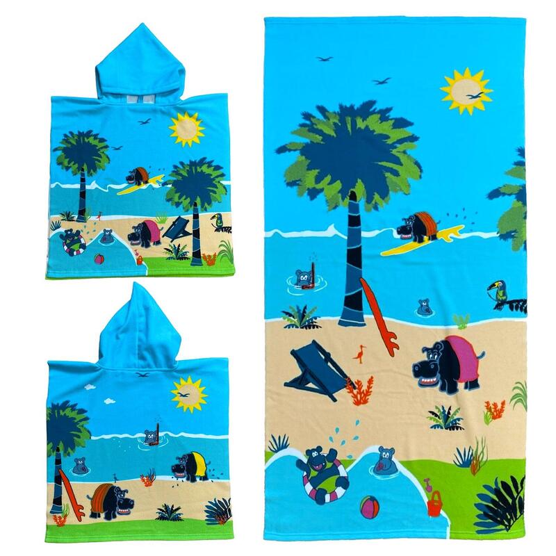 Pack enfant Hippo un Poncho et une Serviette de plage microfibre 100% polyester