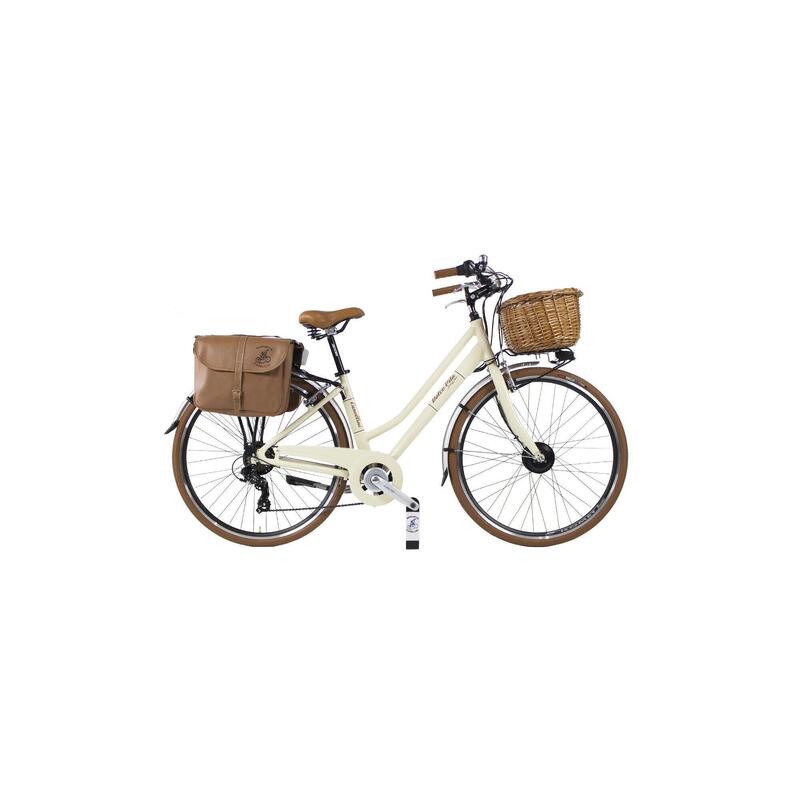 Vélo électrique de ville Dolce Vita Femme avec sacoches et panier - Beige