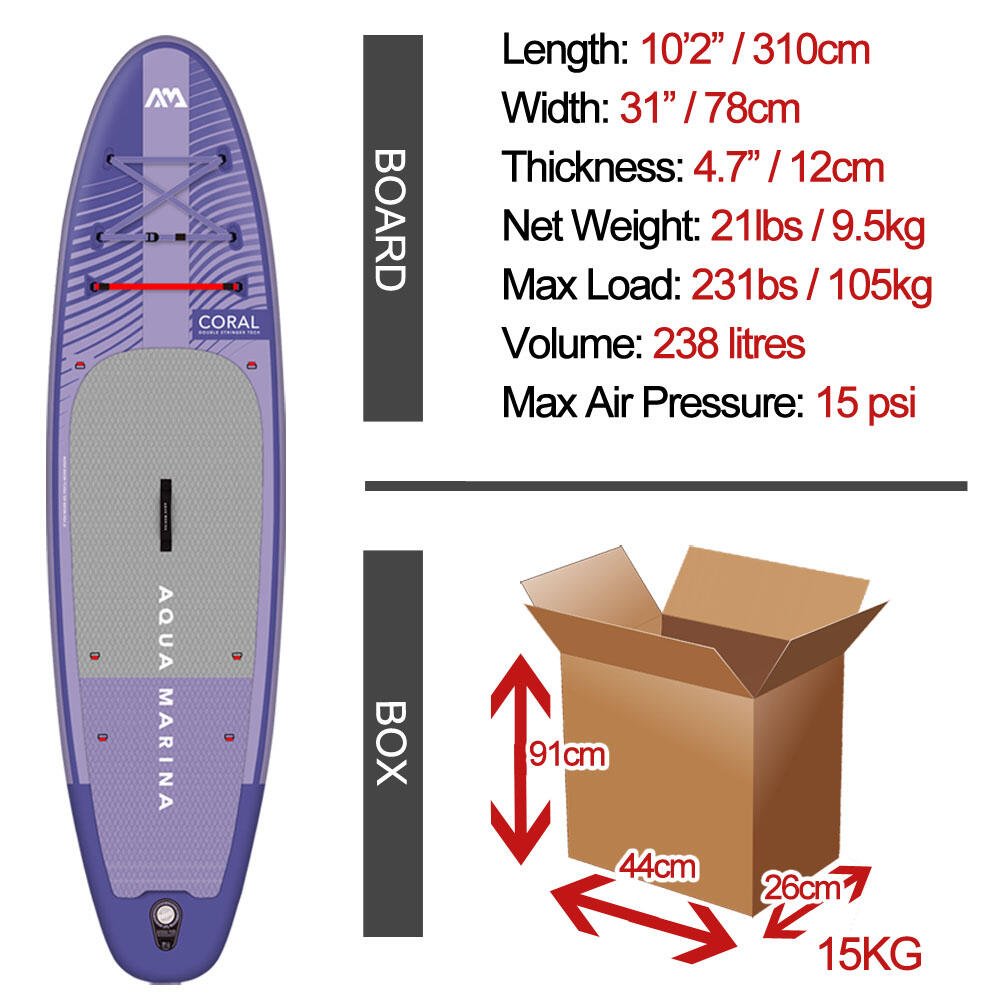 Aqua Marina CORAL 10ft2 / 310cm - All Round PLUS - Paddle Board - Purple 5/8