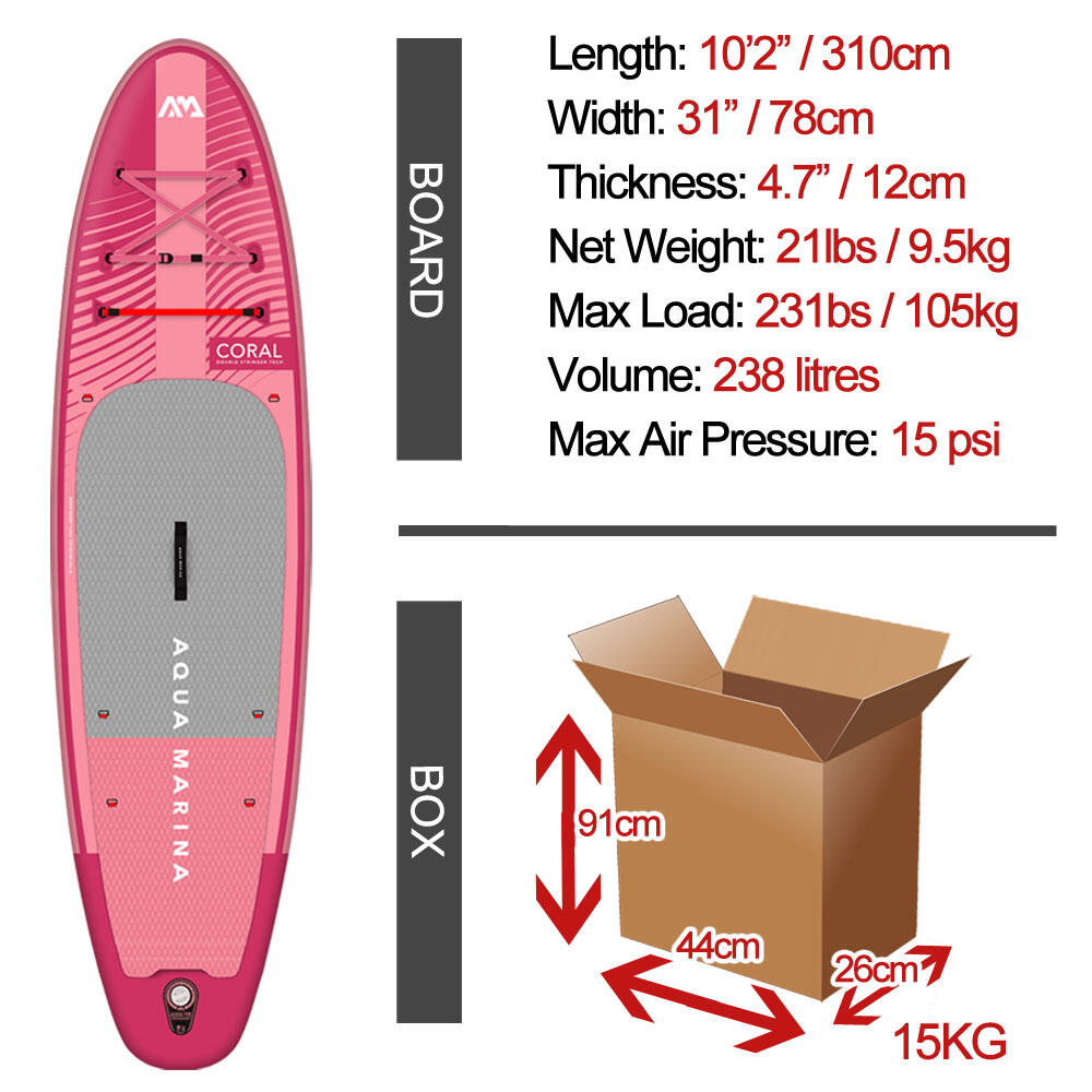 Aqua Marina CORAL 10ft2 / 310cm - All Round PLUS - Paddle Board - Raspberry 5/8