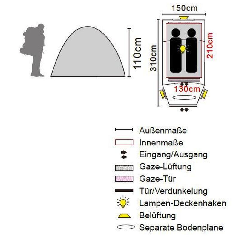 Tenda a tunnel per 2 persone, rivestimento scuro Black Sky campeggio Kalo