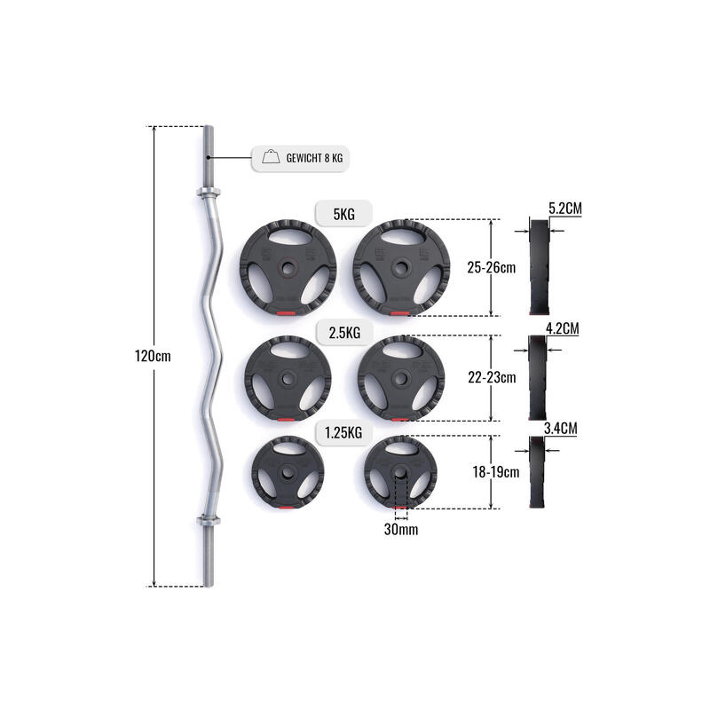 EZ Curlset 25 kg - Gripper Kunststof - Halterstang met gewichten