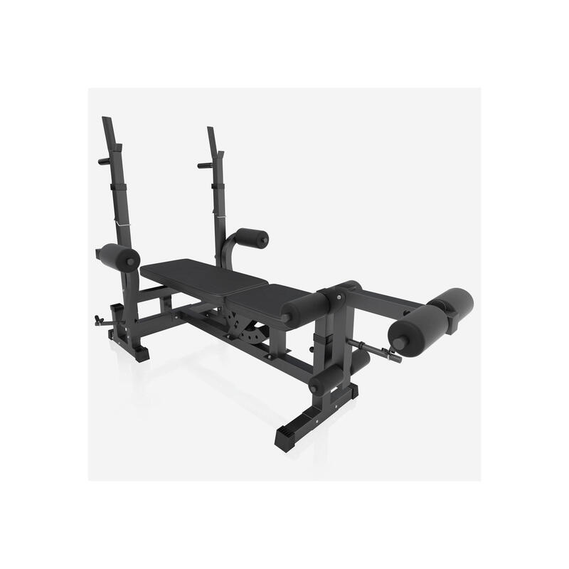 BANC DE MUSCULATION NOIR UNIVERSEL + SET D'HALTERES POIDS PLASTIQUES ET BARRES 9