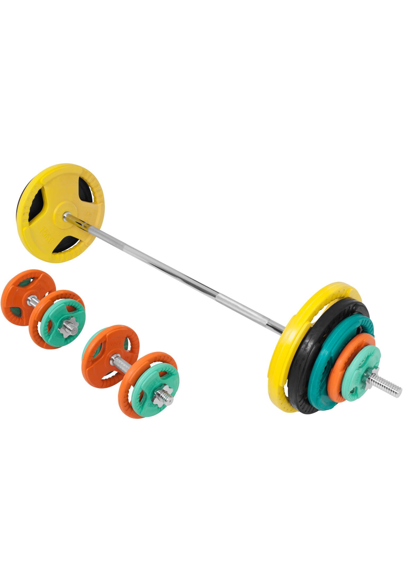 KIT 97,5KG AVEC POIDS EN CAOUTCHOUC GRIP ET BARRE CURL | DIAMETRE 30/31MM | MUSC 6/7