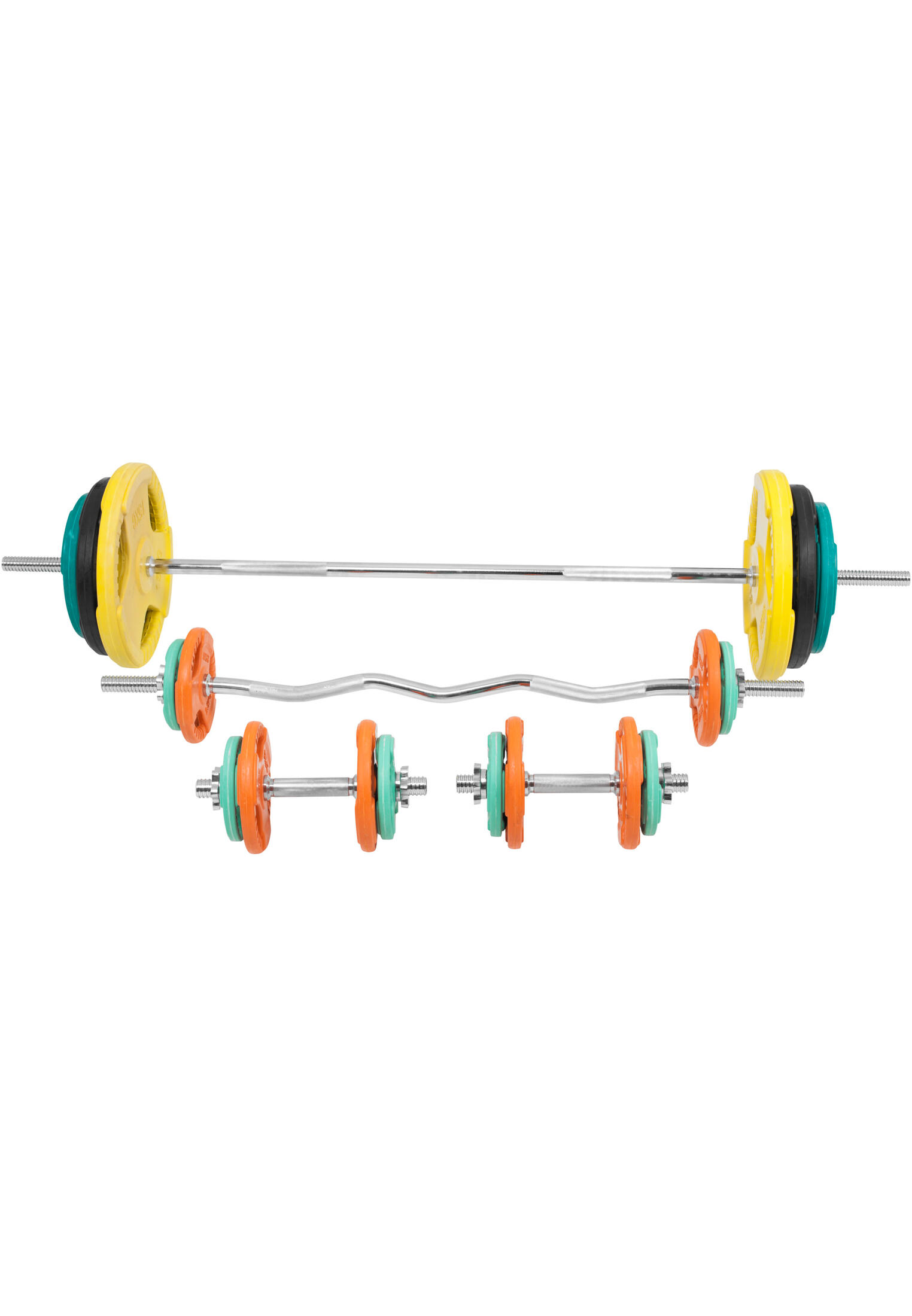 KIT 105,5KG AVEC POIDS EN CAOUTCHOUC GRIP ET BARRE CURL | DIAMETRE 30/31MM | MUS 6/7