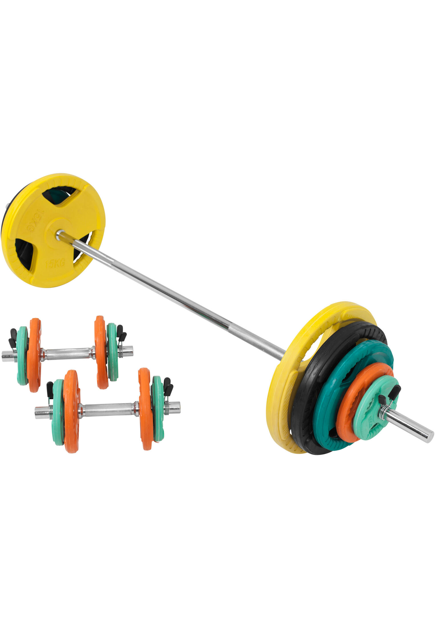 KIT 97,5KG AVEC POIDS EN CAOUTCHOUC GRIP ET BARRE CURL | DIAMETRE 30/31MM | MUSC 6/7