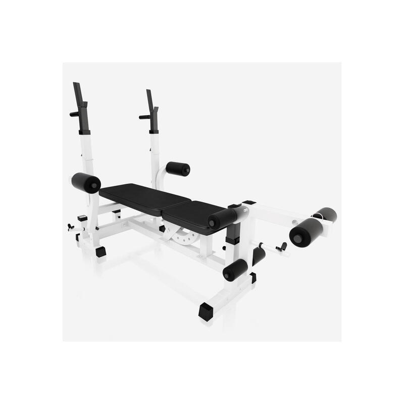 BANC DE MUSCULATION BLANC UNIVERSEL + SET D'HALTERES POIDS PLASTIQUES ET BARRES