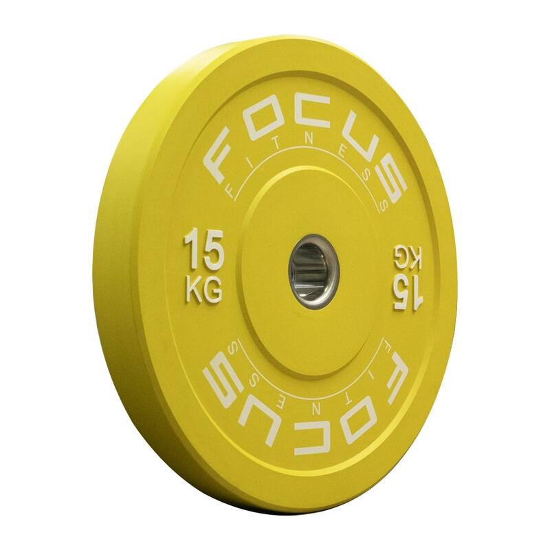 Olympische Hantelscheibe 50 mm - Focus Fitness Bumper Platte - 15 kg - Gelb