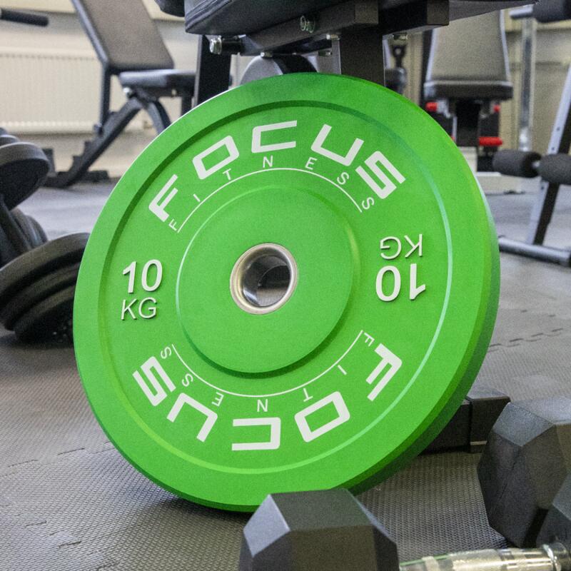 Olympische Hantelscheibe 50 mm - Focus Fitness Bumper Platte - 10 kg - Grün