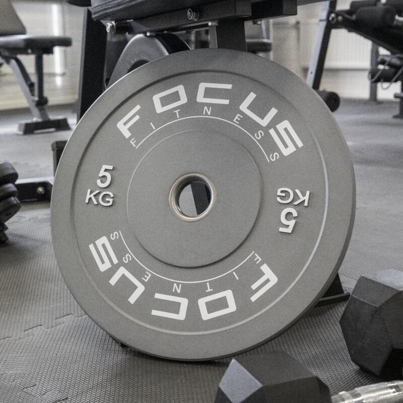 Olympische Hantelscheibe 50 mm - Focus Fitness Bumper Platte - 5 kg - Grau