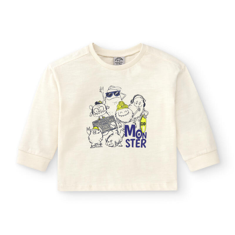 Charanga Camiseta de bebé de manga larga color crudo con dibujo monstruo
