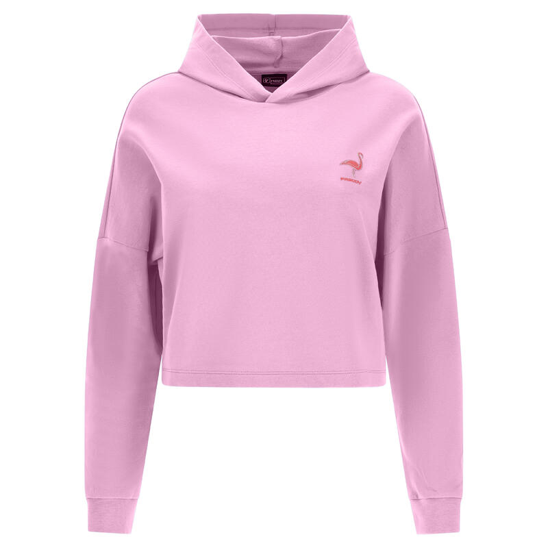 Sweat-shirt à capuche court avec pièce décorative flamant rose ton sur ton