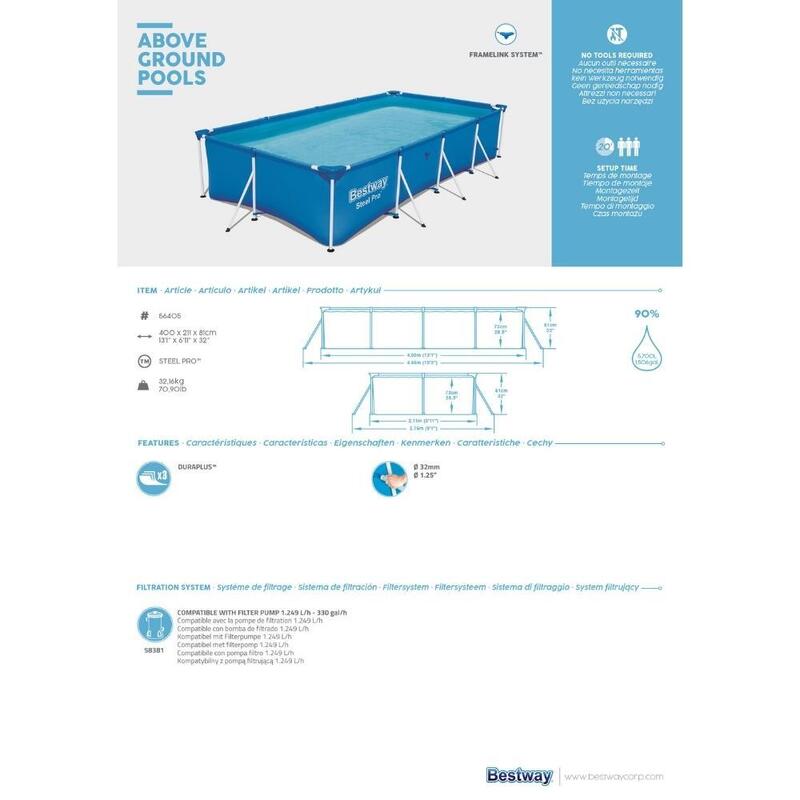 Bestway - Steel Pro - Piscine tubulaire - 400x211x81 cm - Rectangulaire