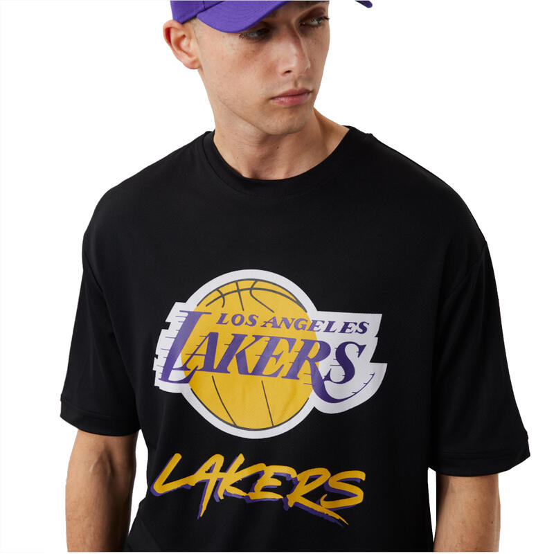 Férfi rövid ujjú póló, New Era NBA Los Angeles Lakers Script Mesh Tee, fekete