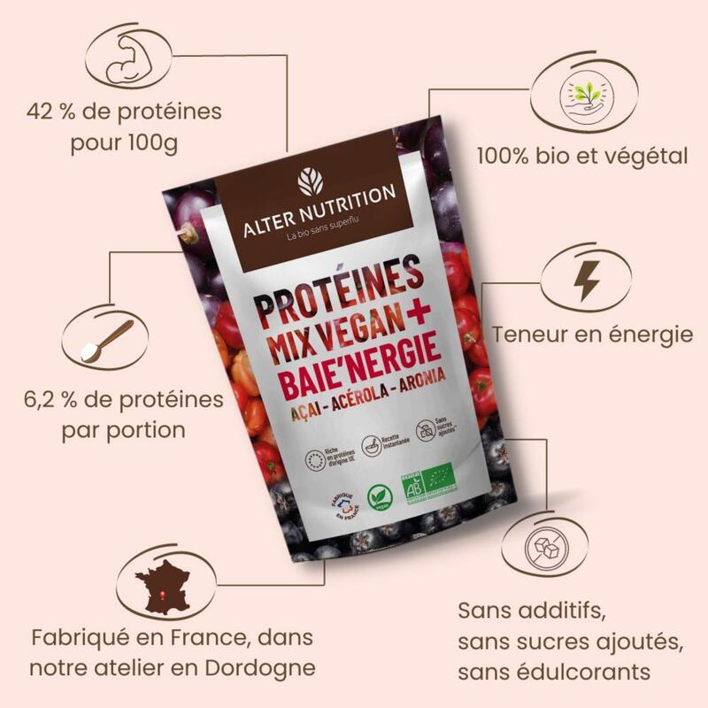 Protéines vegan bio - Mix Vegan Baie'nergie -acérola, aronia, acaï – 1kg