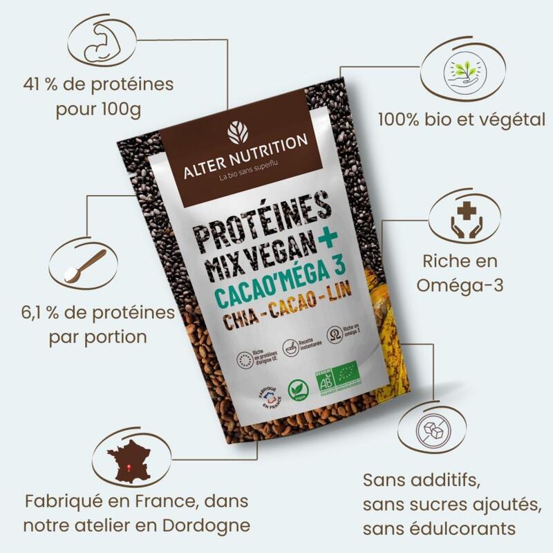 Protéines vegan bio - Mix Vegan Cacao'méga-3  - chia-lin-cacao – 500g