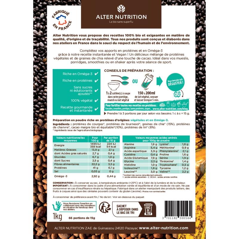 Protéines vegan bio - Mix Vegan Cacao'méga-3  - chia-lin-cacao – 500g