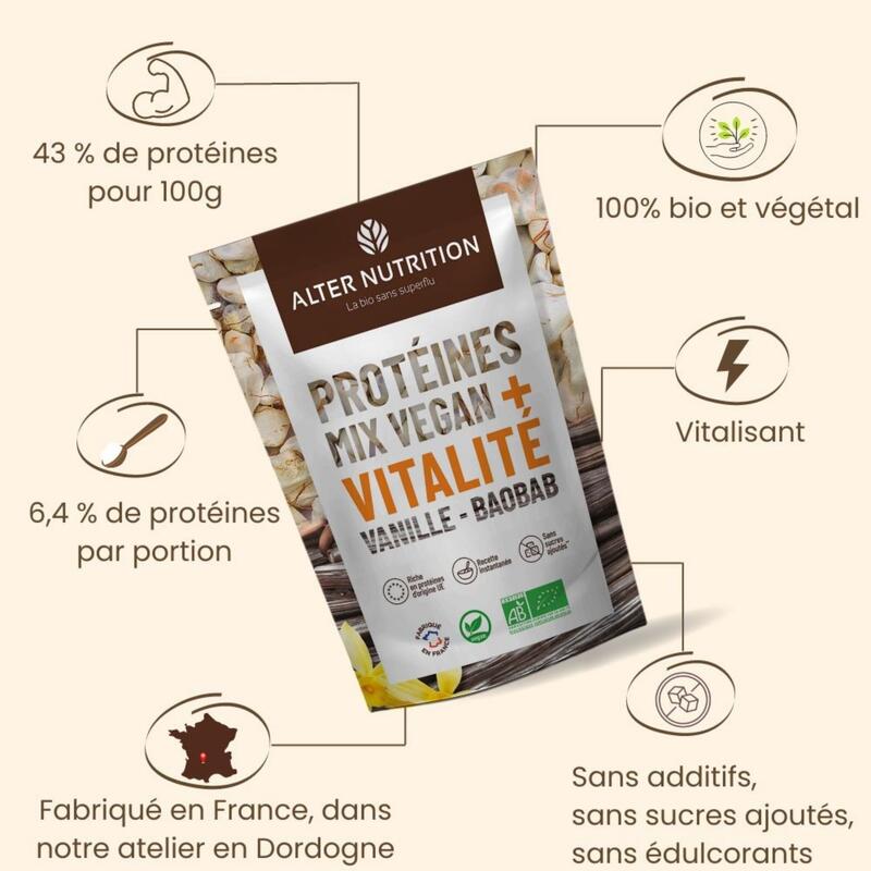 Protéines vegan bio - Mix Vegan Vitalité - vanille, baobab- 1kg