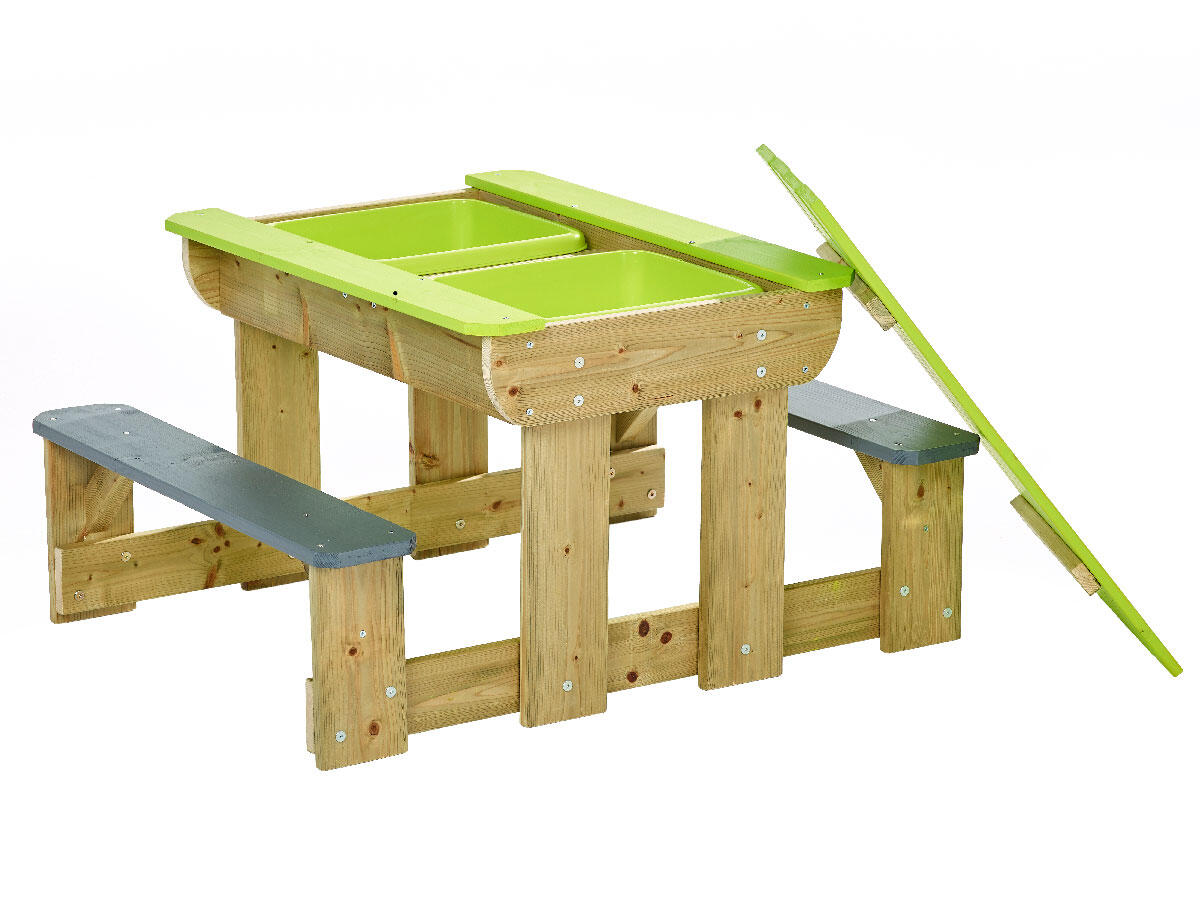 Table de pique-nique en bois pour enfants avec bancs et bacs en plastique 2/5