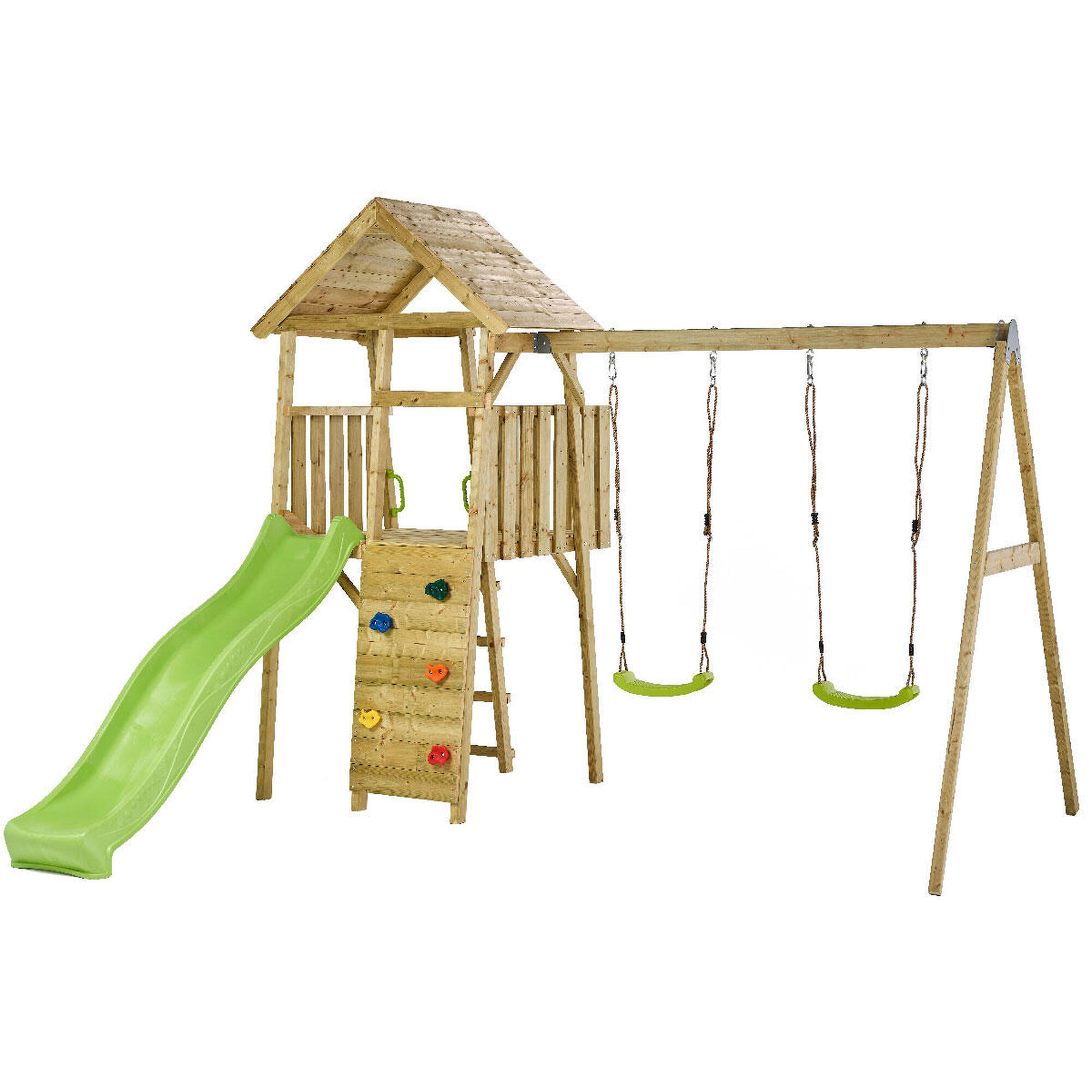 Aire De Jeux Bois Woodi - 2 Balançoires, Toboggan, Escalade, Cabane