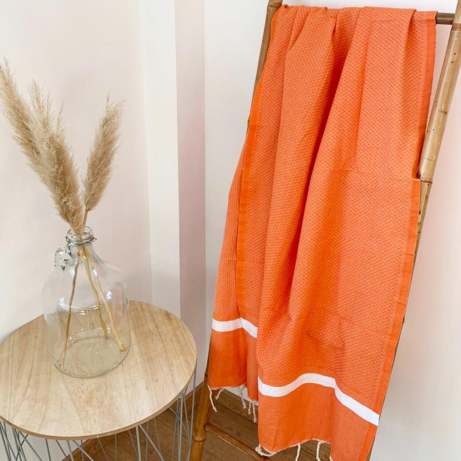 Traditionele wafelstructuur hammamhanddoek Oranje 200x200 - Melissa Oranje XL 2/3