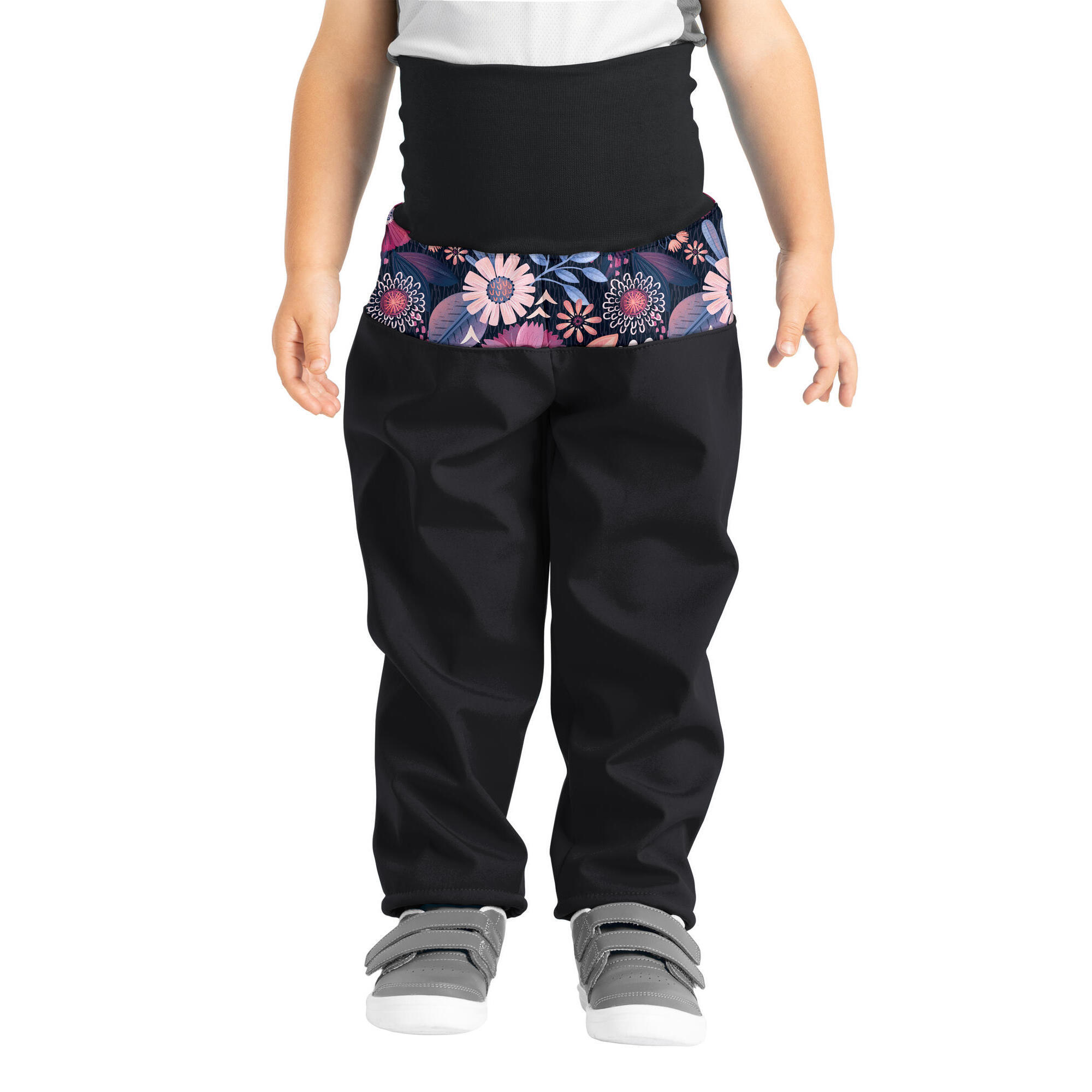 UNUO Batolecí softshellové kalhoty s fleecem Basic, Černá, Kouzelné květiny