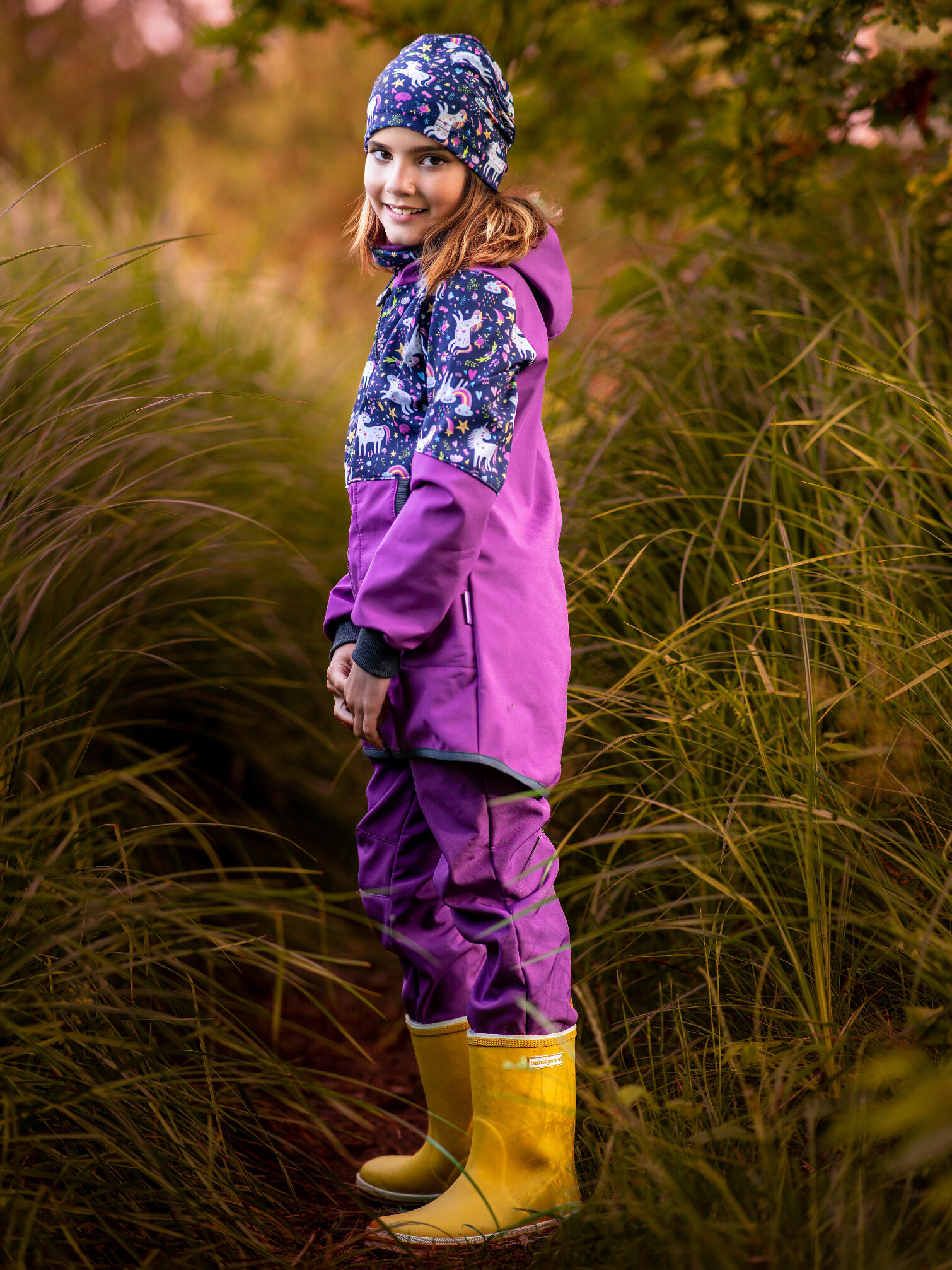 Softshell-Hose mit Fleece für Kinder Basic, Brombeere, Einhörner 6/7