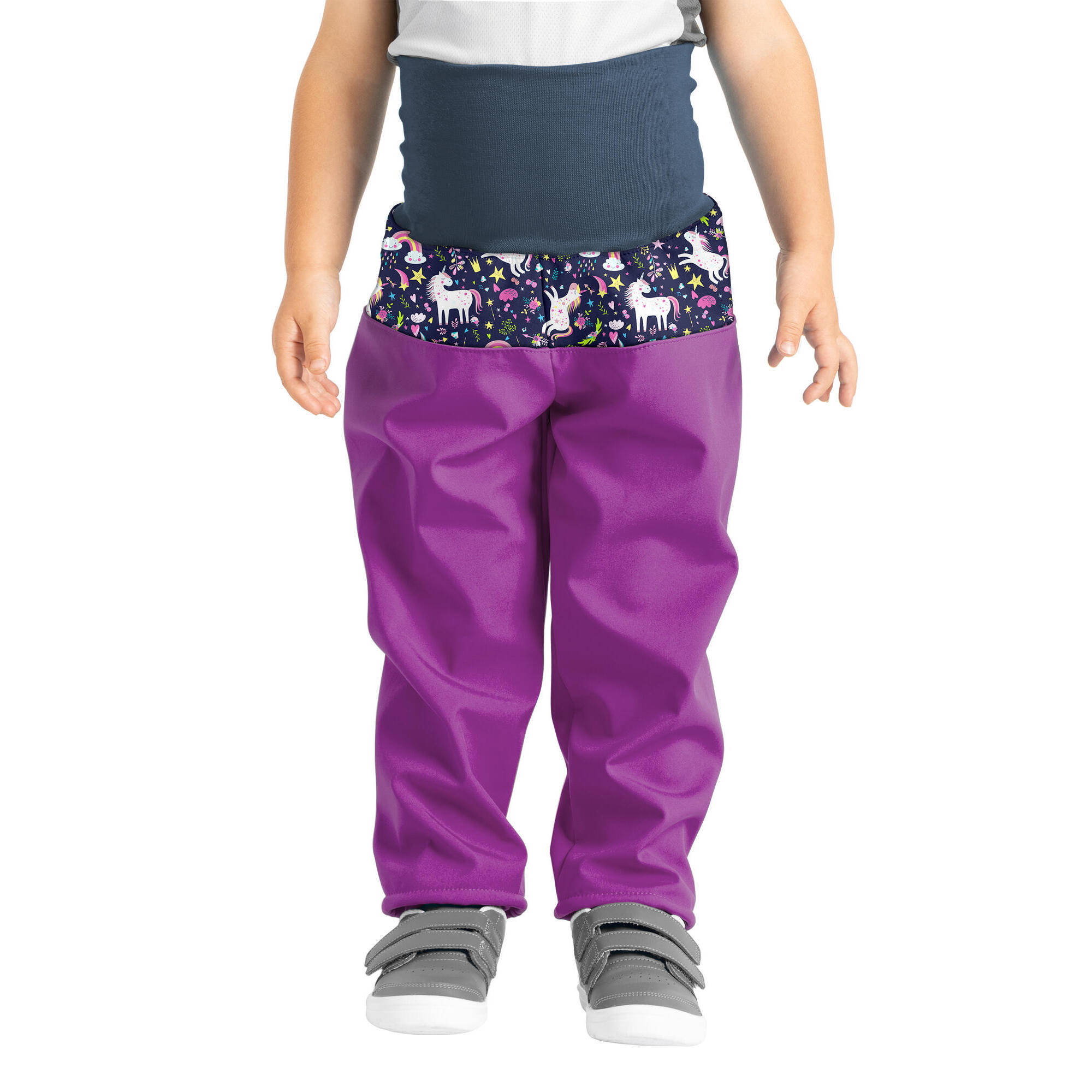 UNUO Batolecí softshellové kalhoty s fleecem Basic, Ostružinová, Jednorožci