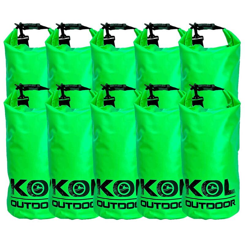Pak van 10 waterdichte tassen van 10L voor kajakken of peddelsurfen - Groen