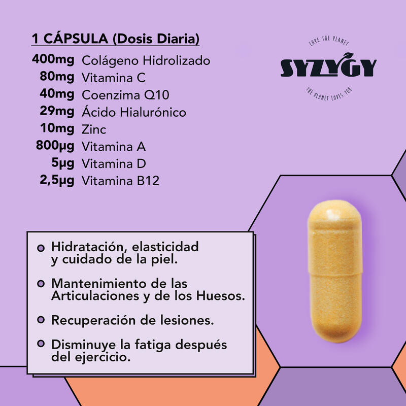 Colágeno, Ácido Hialurónico, Q10, Vitamina A, C, D, B12 y Zinc Syzygy Food