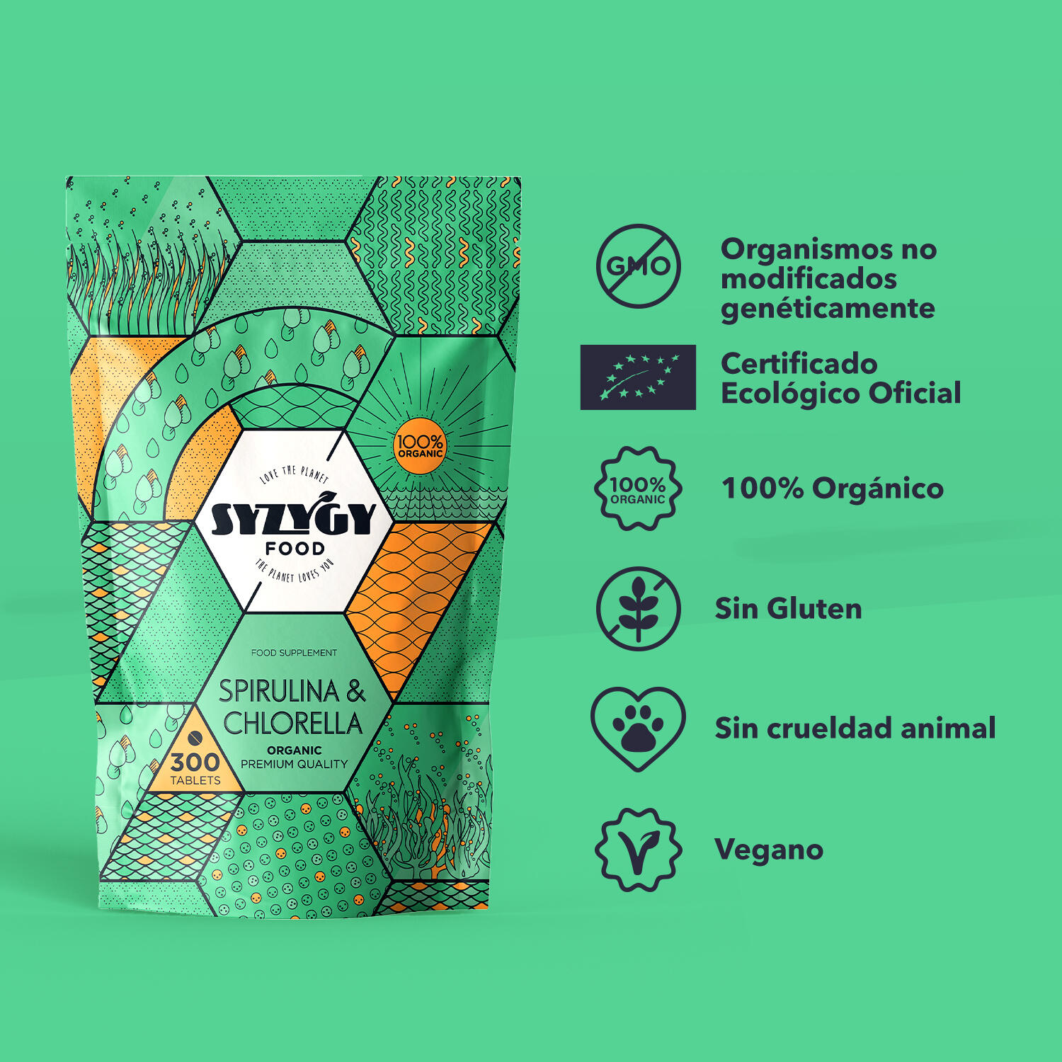 Chlorella y Espirulina Ecológica Syzygy Food 300 comprimidos de 500mg 2/5