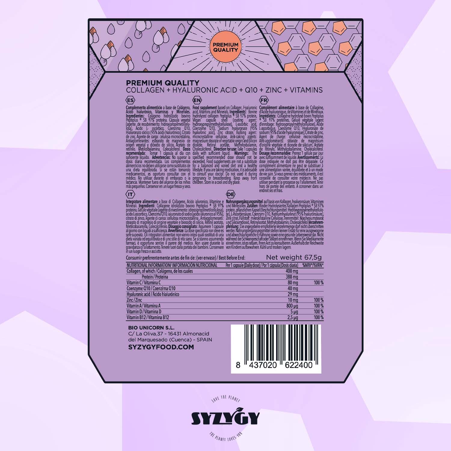 Colágeno, Ácido Hialurónico, Q10, Vitamina A, C, D, B12 y Zinc Syzygy Food 4/5