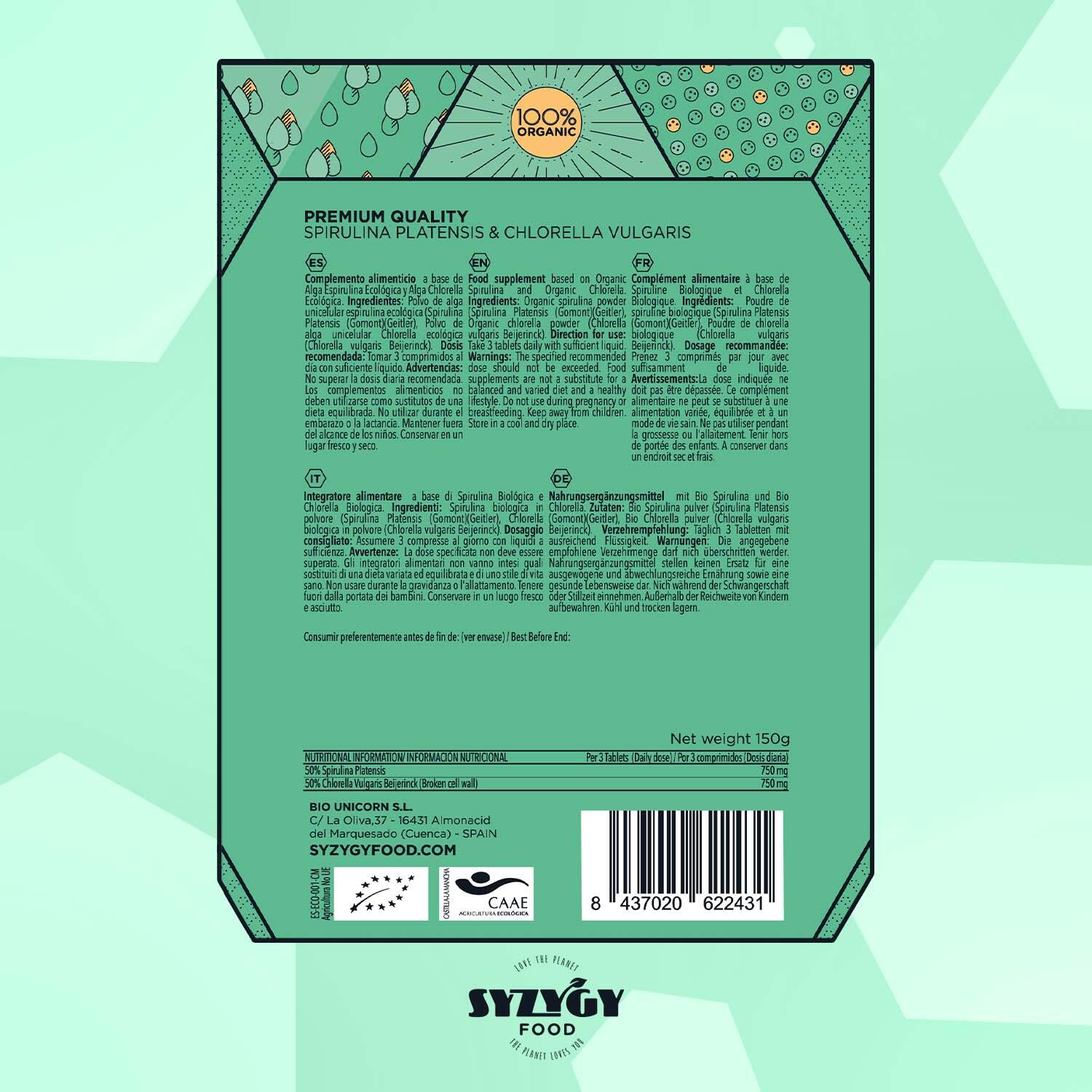 Chlorella y Espirulina Ecológica Syzygy Food 300 comprimidos de 500mg 4/5