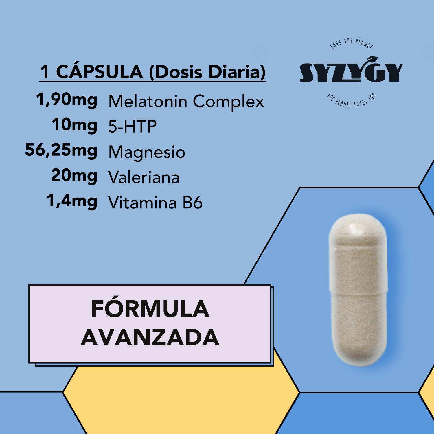 Melatonina 1,90 mg, 5HTP, Magnesio, Valeriana y Vitamina B6 Syzygy Food 5/5