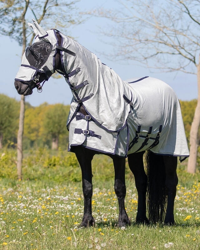 Coperta antimosche per cavalli con copricollo alto e maschera QHP 3/4