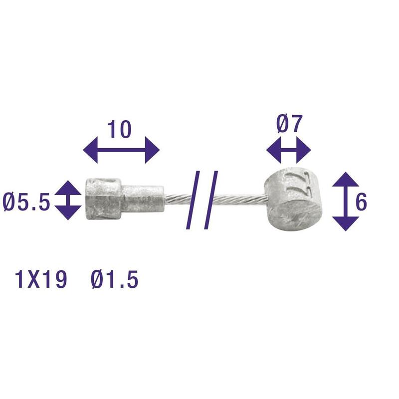 Câble de frein 1x19 fils inox Slick Ø1,5mm tête en V Ø5,5x10 et T Elvedes