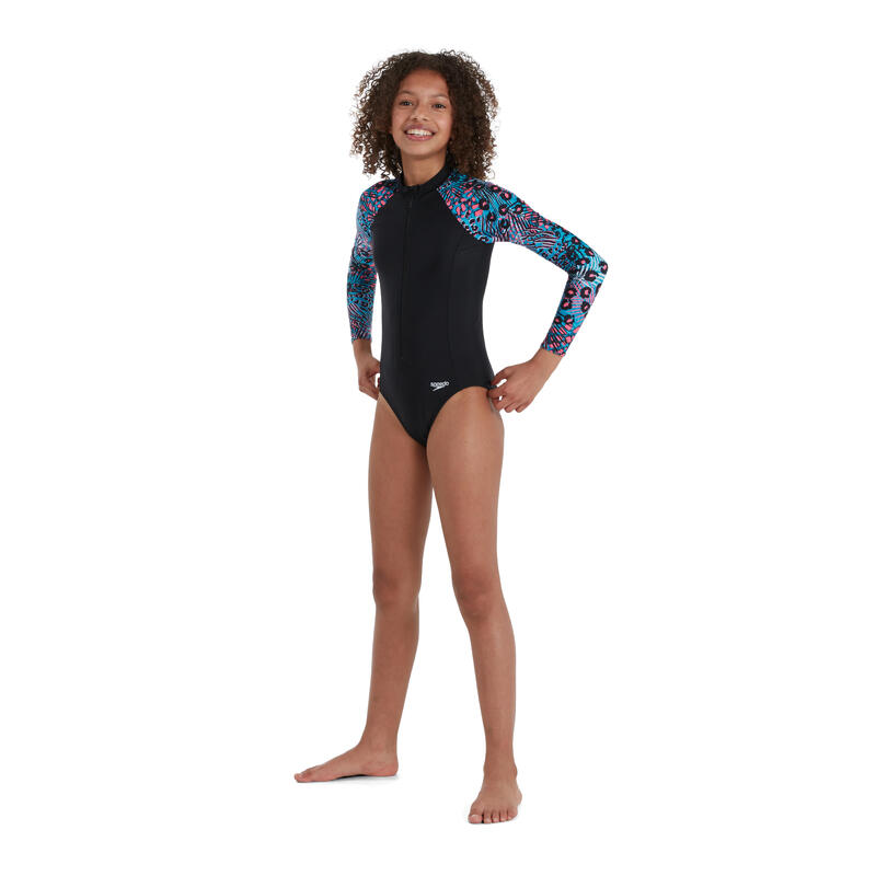 ECO ENDURABRITE 女童 (6-14 歲) 動物圖案 長袖 連身泳衣 - 黑色